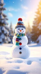 Obraz premium A cheerful snowman stands in a bright, snowy winter landscape.
