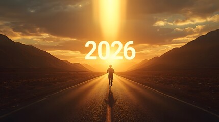 Person Running Towards a Bright 2026 on a Scenic Desert Road at Sunset, Symbolizing Future Goals and New Beginnings
