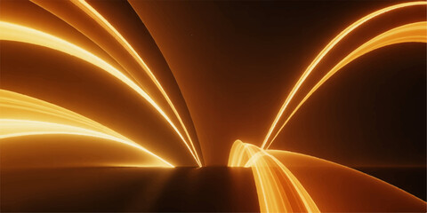 Night highway backdrop features a bright motion pattern of orange and gold light trails with a glowing wave texture on a dark road © sabrina