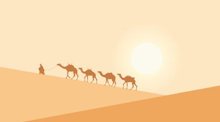 A camel caravan in a scorching desert. Desert dunes with a camel caravan. Landscape in a hot desert. © Evgeniy