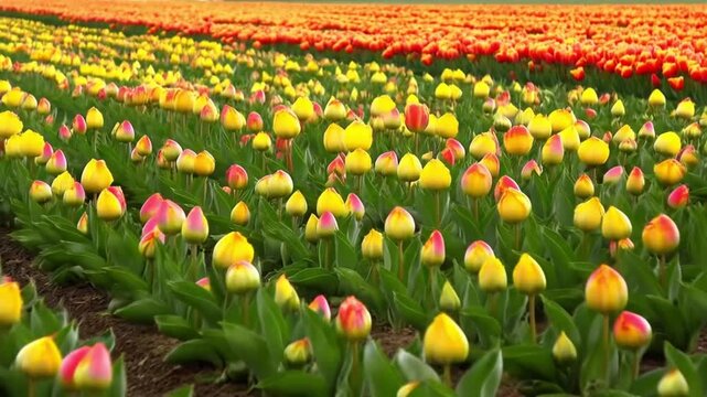 A colorful timelapse of a tulip field coming to life with buds emerging from soil and opening into vibrant blooms against the earth, concept of spring garden and floral abundance