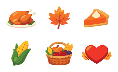 Thanksgiving icons: turkey, leaf, pumpkin pie, corn, harvest basket, heart