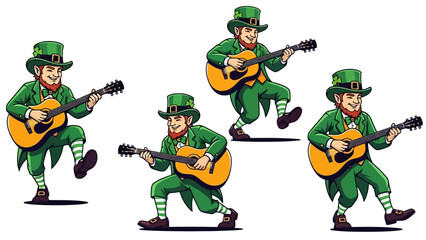 A group of leprechauns playing acoustic guitars in a festive St. Patrick's Day theme.
