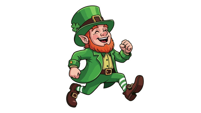 A cartoon leprechaun with a red beard and green hat is running happily.