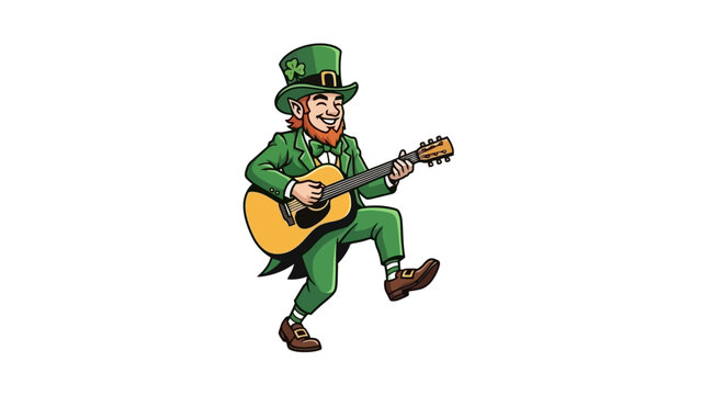 Cartoon leprechaun playing guitar, wearing green suit and hat with shamrock.