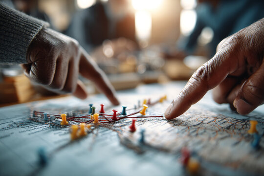 Close-up of hands pointing at map with colorful pins and threads on table. Concept of logistics planning, supply chain strategy and route analysis
