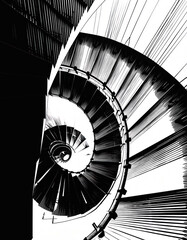 Fototapeta premium Black-and-white spiral staircase viewed from above, creating a hypnotic pattern.