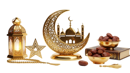 Gold ramadan decorations isolated on transparent background