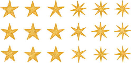 Obraz premium Hand-drawn golden star collection in multiple shapes and styles, decorative doodle stars for design and illustration