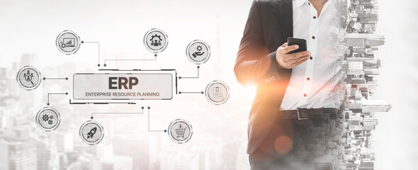 ERP platform visual showing centralized system for enterprise resource planning, improving integration, data flow, business efficiency, finance, inventory, and human resources. Spline
