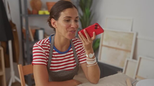 Woman holds red smartphone near mouth while speaking in artisan studio at pottery table wearing apron surrounded by canvases and clay pots; focused creativity.