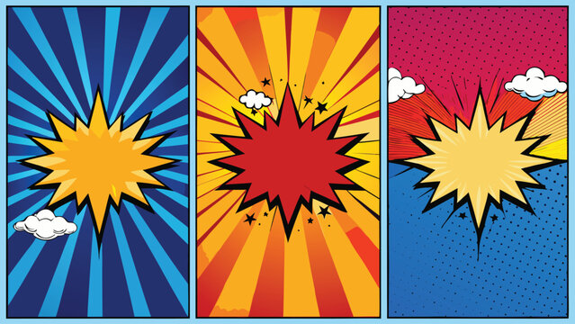 Colorful pop art banners featuring bold comic book style graphics and text in vibrant colors..eps - Powered by Adobe