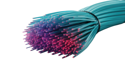 Bundle of fiber optic cables with glowing ends
