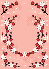 梅が枝リース背景、縦、ピンク、かわいい、イラスト、和風