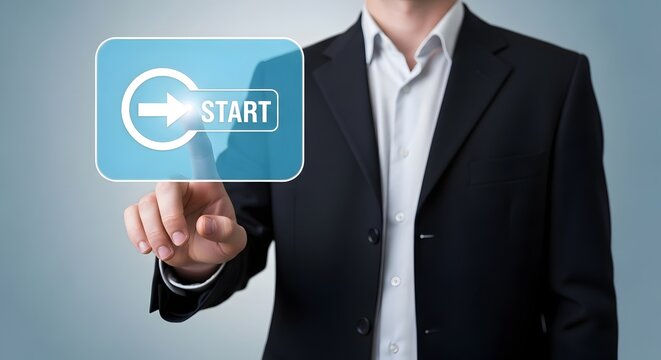 Start button click business concept businessman finger pointing touch screen start now beginning today