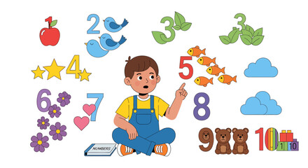 Cute cartoon illustration of a boy pointing at numbers and colorful objects, perfect for educational and playful children's content