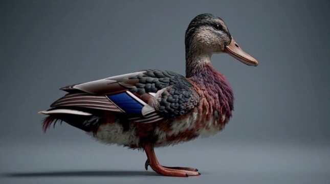 Close-up profile shot of a colorful mallard duck standing on a gray surface against a gray background.
