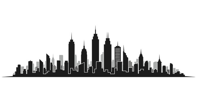 Modern black silhouette of an urban metropolis cityscape on a white background, featuring towering skyscrapers and a generic city panorama for graphic design elements and vector illustrations