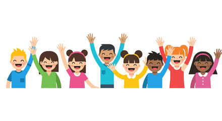 A diverse group of happy children with their arms raised, celebrating and waving in unison, symbolizing joy and community