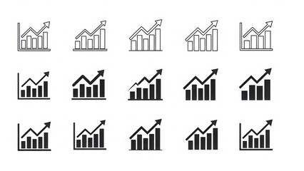 A collection of black and white bar graph icons with arrows pointing up