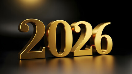 Golden 3d numbers representing the year twenty twenty six on a reflective surface