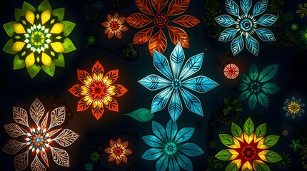 Glowing Floral Mandala Art &ndash; Colorful Decorative Flower Patterns with Neon Light Effect on Dark Background