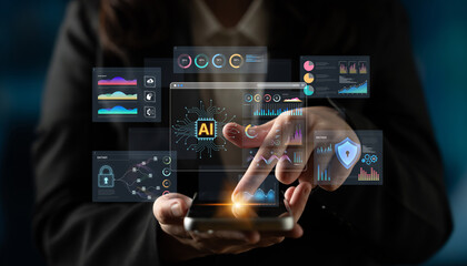 An Artificial Intelligence platform for business intelligence. The dashboard shows advanced data analytics, predictive modeling, and security monitoring through various visualizations. Fermion
