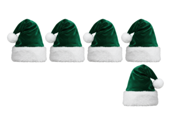 Four identical, plush santa hats crafted from rich hunter green velvet and white faux fur, perfectly aligned on a seamless high-key white background. Concept for premium holiday product marketing