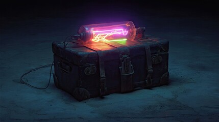 Glowing neon light installation on a weathered container in dim environment