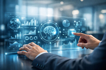 businessman touching virtual screen