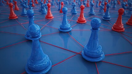 Chess pieces arrangement on a blue surface strategic game concept