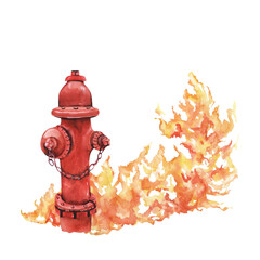 Watercolor Illustration of Red Fire Hydrant Surrounded by Flames