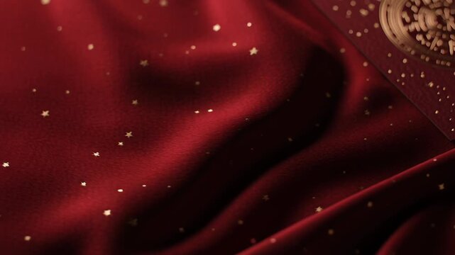 A red card with a gold border and a circle in the middle. The circle has stars. Lunar new year brand mockup background, subtle zodiac symbolism, clean typography space, elegant commercial visual style