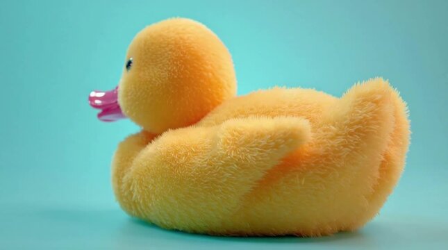 Close-up of a plush yellow duck toy holding a pink toothbrush against a teal background.