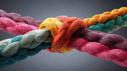 Intertwined colorful ropes representing unity and connection on gray background
