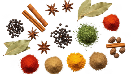 Assortment of spices and herbs isolated on transparent background food seasoning