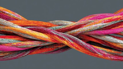 Close up of multicolored twisted strands against a neutral background