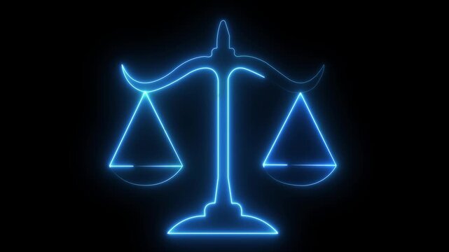Glowing neon line Scales of justice icon isolated on black background. Court of law symbol. Balance scale sign. animation
