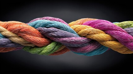 Close up of braided colorful ropes on a dark background