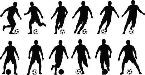 Soccer player silhouette sequence, football dribbling poses, athlete motion frames, sport action animation, isolated black human movement illustration