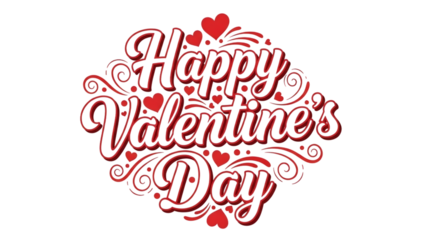 Elegant red lettering spelling valentine s day with hearts and flourishes isolated on transparent background