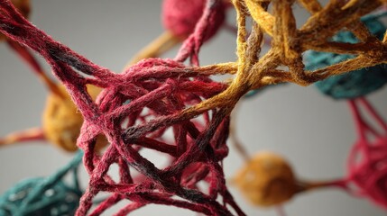 Abstract knitted structures in red yellow and teal against a light background