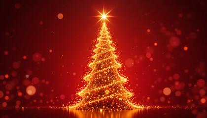 A radiant golden christmas tree illuminates a festive red background with sparkling bokeh lights