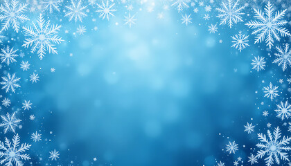 A serene blue winter background with sparkling snowflakes creating a frosty frame