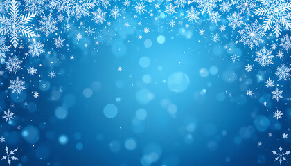 Beautiful frosty blue winter background with falling snowflakes and sparkling bokeh effect