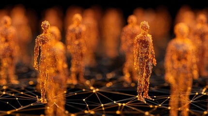 Abstract illustration of human figures connected by network nodes data transfer