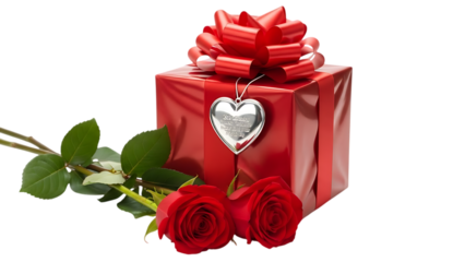 A gift box with a heart pendant and roses isolated on transparent background