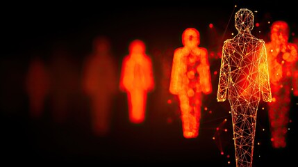 Abstract human figures glowing with digital network connections on dark background