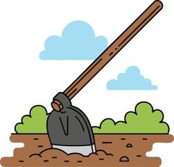 Simple illustration of a garden shovel stuck in loose soil with green bushes and blue clouds in the background, ideal for gardening blogs, landscaping services, and agriculture themes