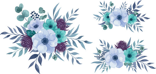 Watercolor floral arrangements in shades of purple green and blue